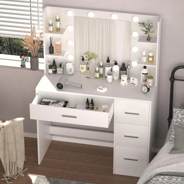 Vanity Desk, Makeup Vanity with 10 LED Lights & 4 Drawers,Brightness Adjustable, Dressing Table Desk with 6 Shelves,Vanity Table
