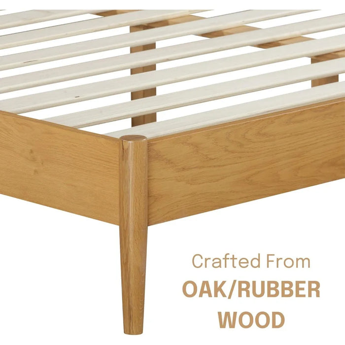 Bed Frame, Solid Oak Base with Silent Slats and Wooden Central Support, Wooden Bed Frame with Headboard
