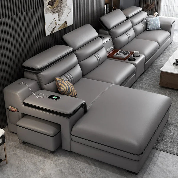 Leather Sectional Sofa Set with Cup Holder, USB, Adjustable Headrests & Bluetooth Speaker Living Room Couch with Stool