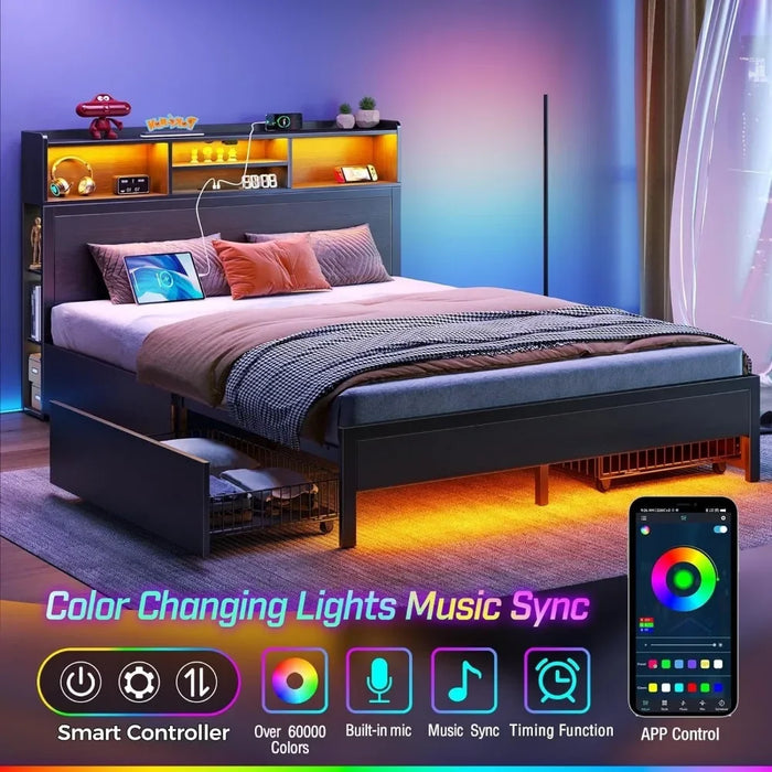 Bed Frame with Storage Headboard, Charging Station LED 4 Drawers, Bookcase Storage, Easy Assembly Bed Frame