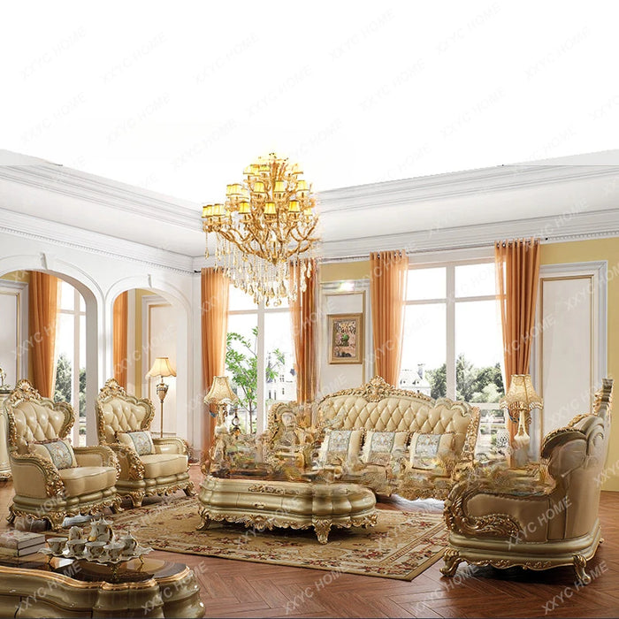 Furniture Leather Sofa Combination Living Room Double-Sided Solid Wood Carved Villa High-End Sofa
