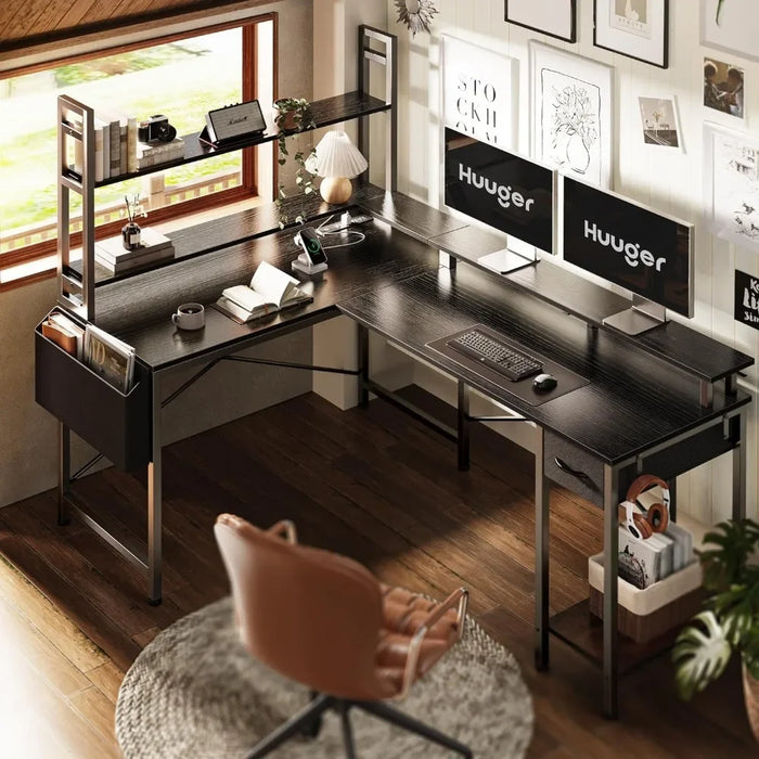 Corner Desk Home Office Desks for Bedroom Furniture L Shaped Desk Gaming Desk With LED Lights & Power Outlets Black Computer