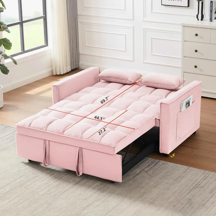 55.2" LoveSeat, Velvet Lounge Futon Chaise, Reversible Bed & Pockets & Toss Pillows, 2-seat Fabric Convertible, Pull Out Couch