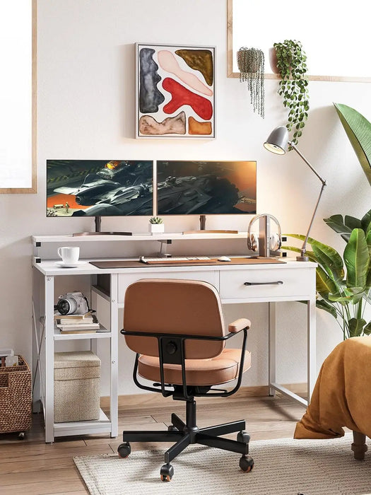 ODK Computer Desk with Drawers, 48 Inch Office Desk with Storage & Shelves, Work Writing Desk with Monitor Stand Shelf, White Ho