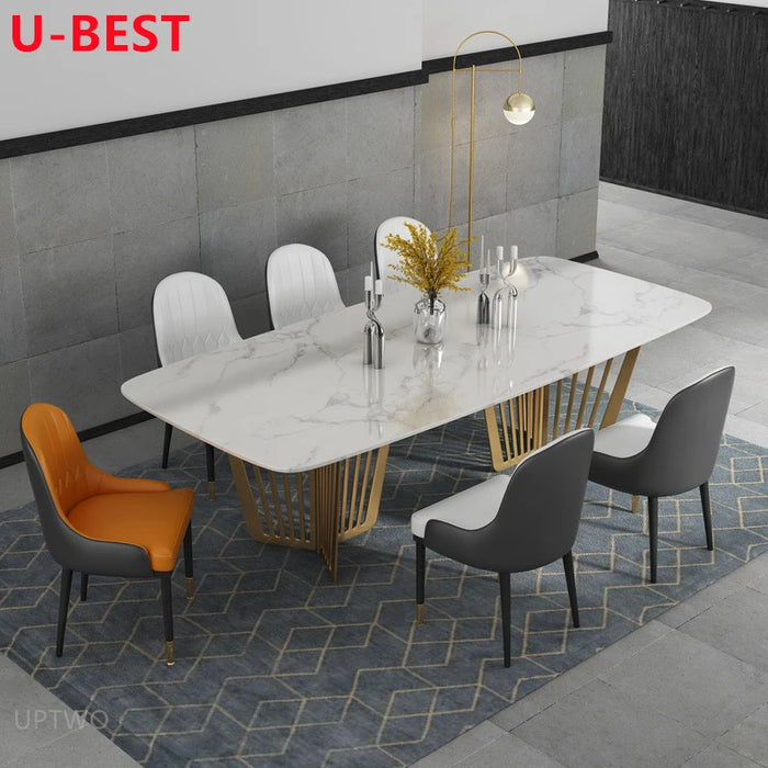 U-BEST European Style White Marble Stone Top Design Dining Table Modern Minimalist Rectangular Glossy Table Golden Furniture