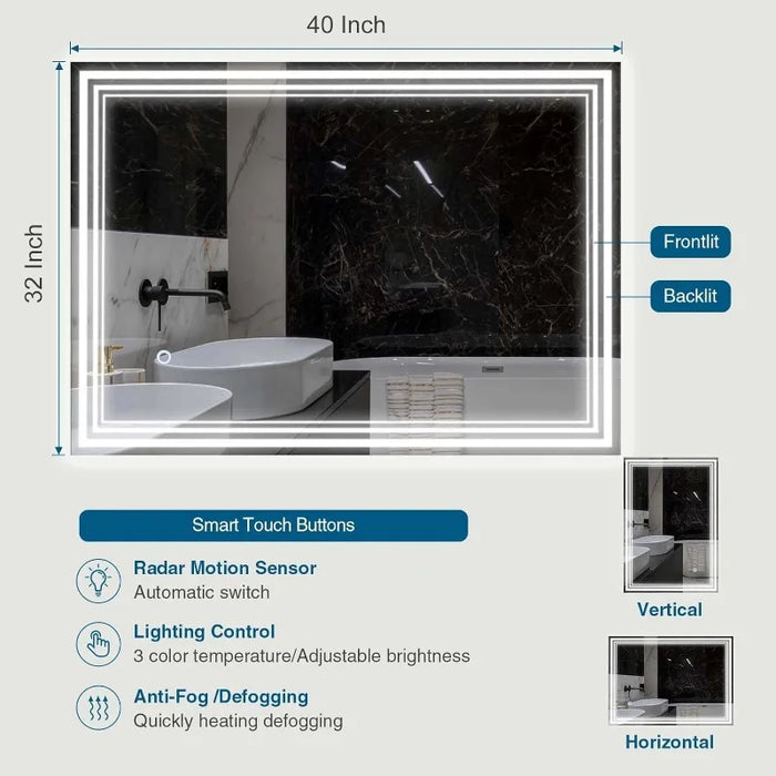 onerbl LED Lighted Mirror, Bathroom Touch Dimmable LED Lighted Mirror, 32×40 Inch Wall Mounted Modern Bathroom Lighted Mirror