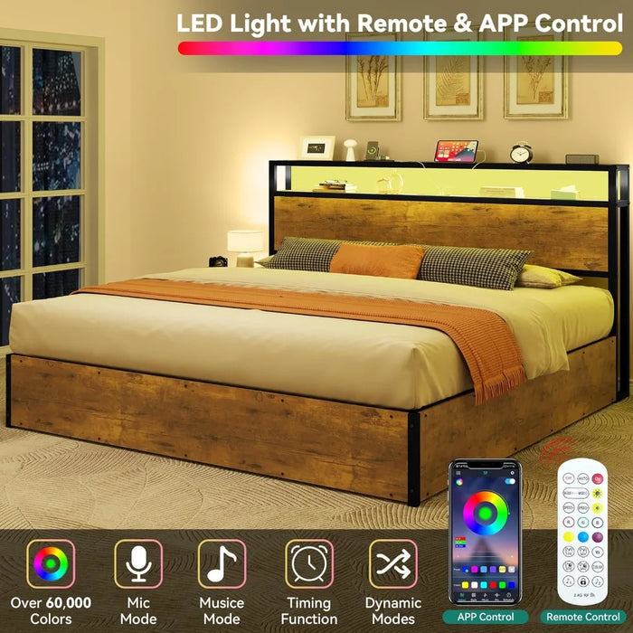 Lifting storage bed frame, bed frame with double storage shelf headboard, LED light platform bed frame with charging station