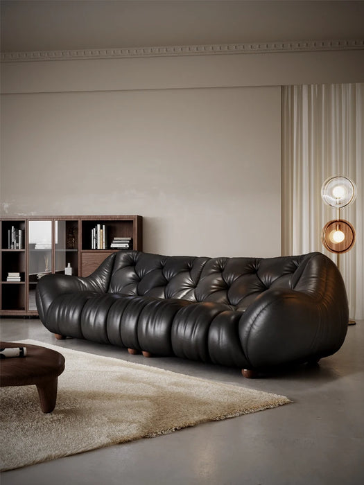 Antique leather sofa French retro light luxury living room American head layer cowhide black straight  sofa