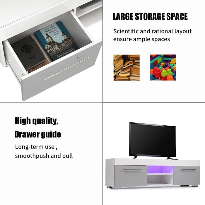 51'' High Gloss Modern TV Unit Bracket with LED Light TV Stands Living Room Furniture TV Cabinet with 2 Drawers Home Furnishings