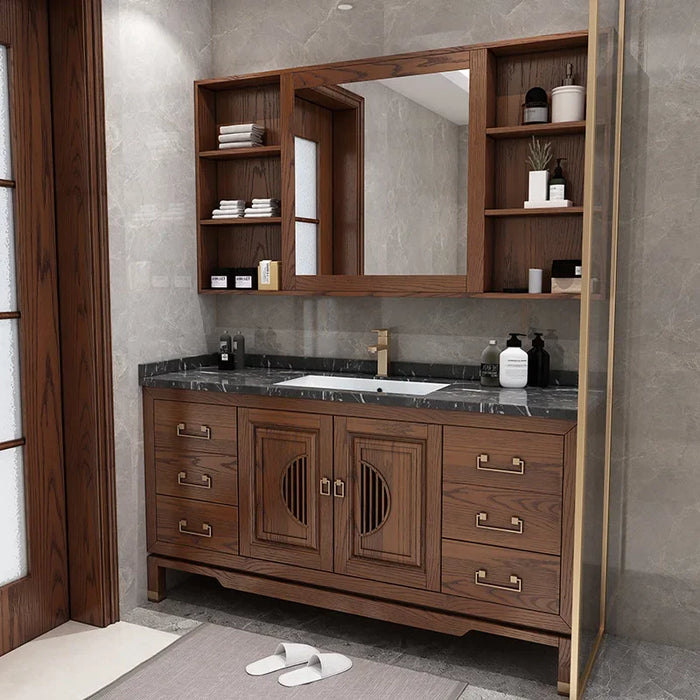 Vintage Oak Bathroom Cabinet Solid Wood Bathroom Vanity Cabinet with Sink Ceramic Washbasin Slate Countertop Bathroom Furniture