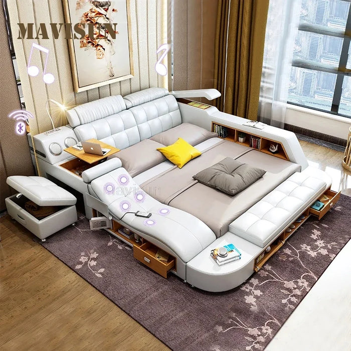 Multifunctional Master Bedroom Leather Queen Double Size Bed Modern Ultimate Smart Bed With Storage Luxury Bedroom Furniture