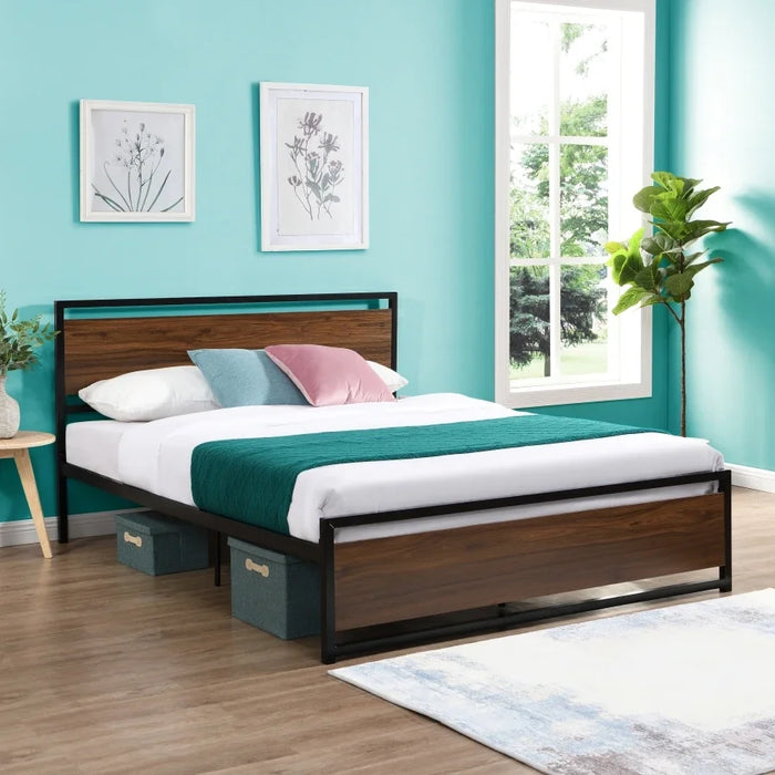 Industrial style platform large bed frame, with headboard and foot board, single bed, comfortable double bed, frame bed