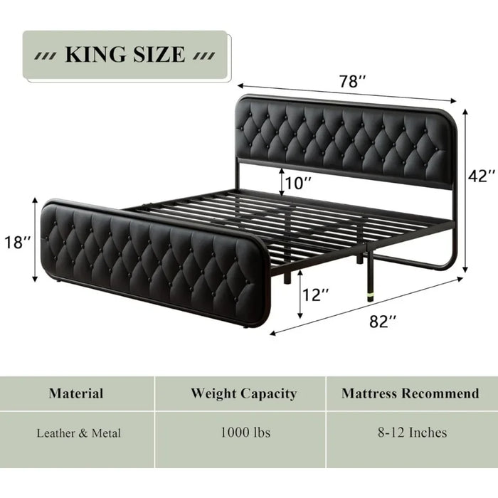 Bed frame Heavy-duty bed frame with faux leather headboard Bedroom furniture 12" under-bed storage Black platform bed