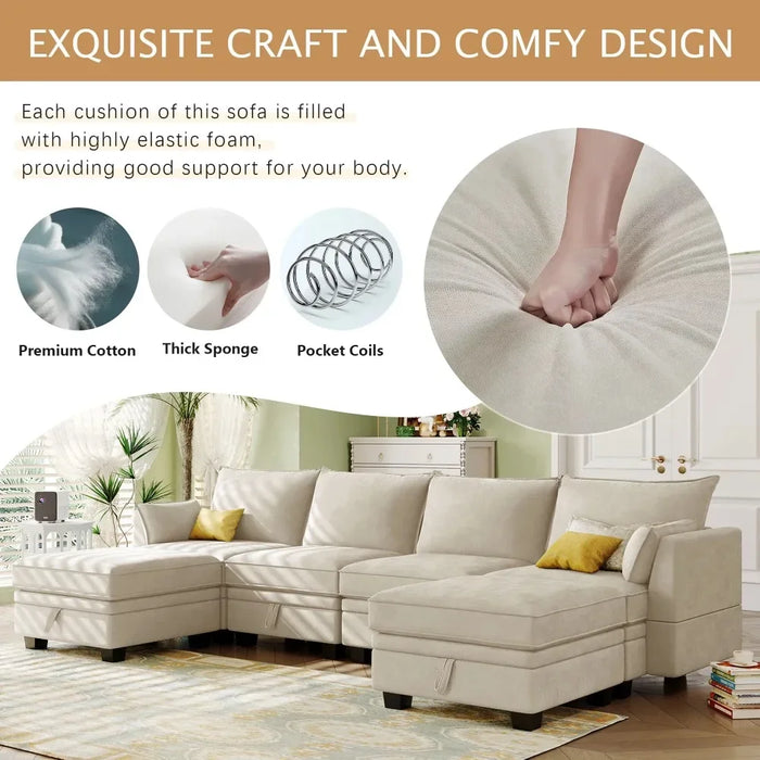 U Sectional Sofa with Storage Seat and Removable Cushions, Beige, 6 Seat Convertible Couch Sleeper Bed, Living Room Sofas
