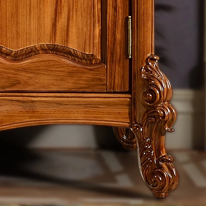 Carved Villa Luxury Large Wardrobe, Dark Gold Wood Solid Wood Four Doors