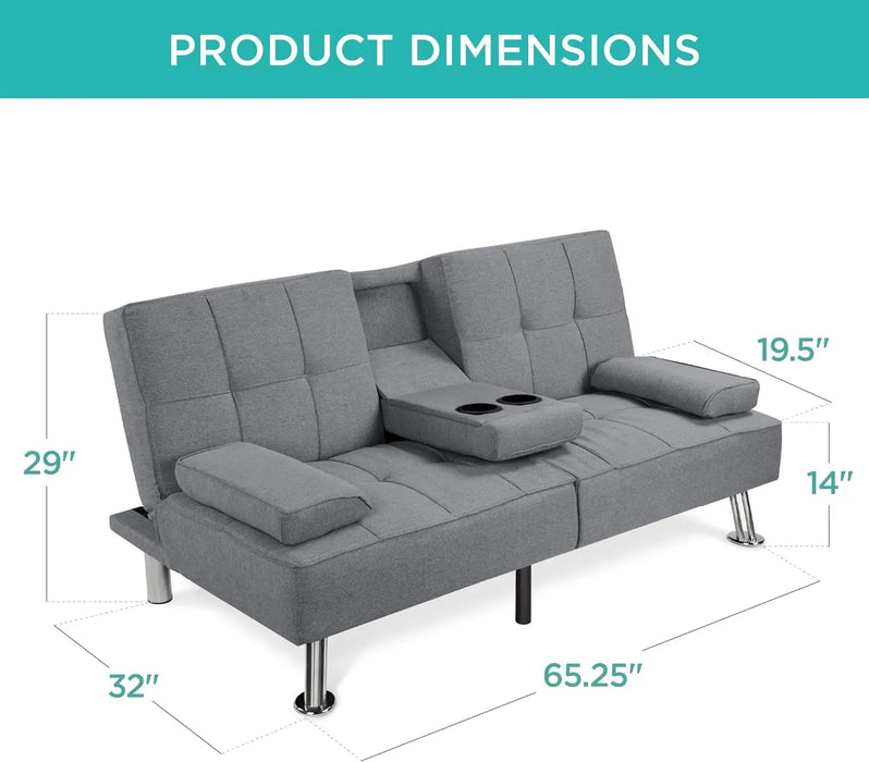 Modern Folding Futon, Reclining Sofa Bed for Apartment, Dorm w/Removable Armrests, 2 Cupholders - Gray