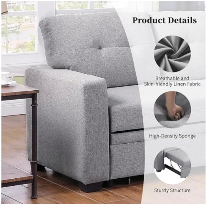 Living room sofa, convertible sectional sofa bed, foldable chaise longue with storage, home furniture, light grey