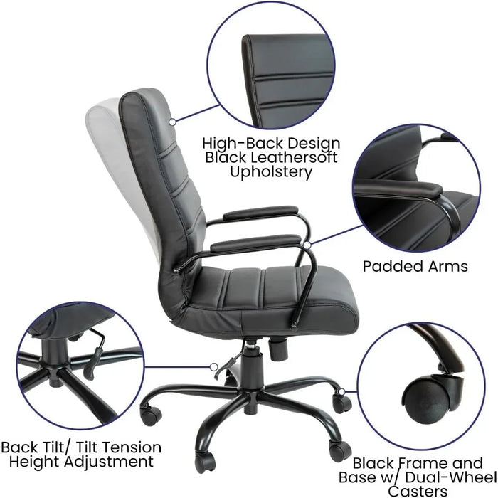 Back Desk Chair - Black LeatherSoft Executive Swivel Office Chair With Black Frame - Swivel Arm Chair Computer Cover Furniture
