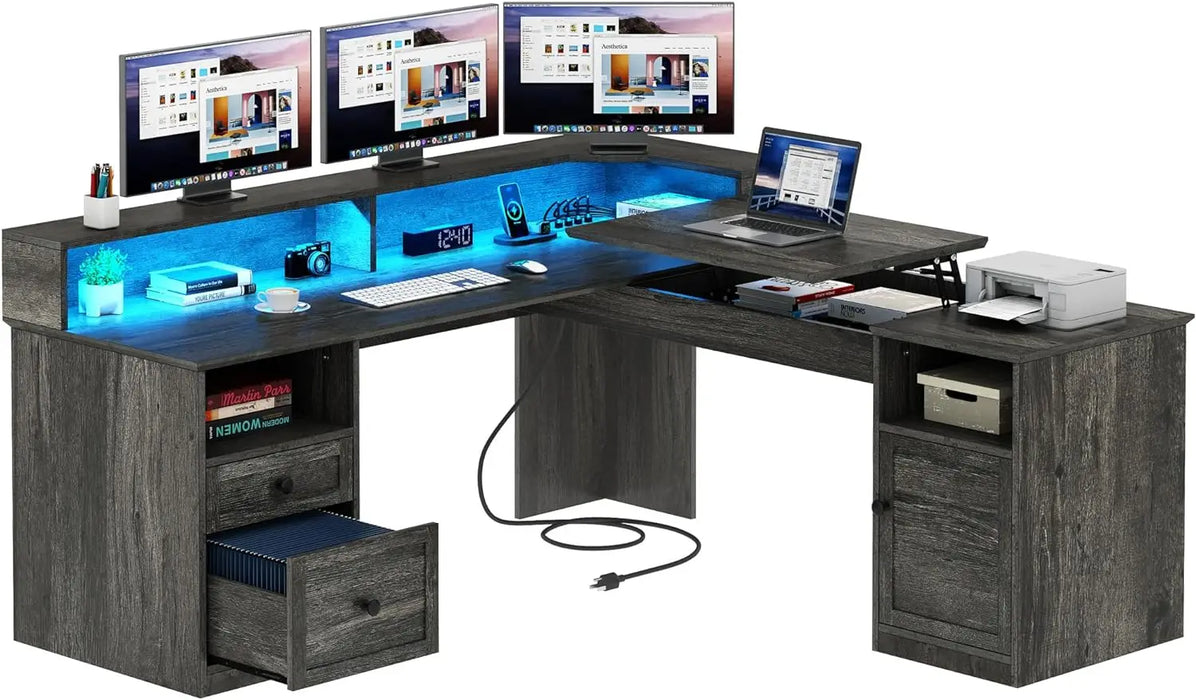 YITAHOME L Shaped Desk with Power Outlets & LED Lights, 60” Corner Computer Desk with Drawers & Lift Top, Home Office Desk