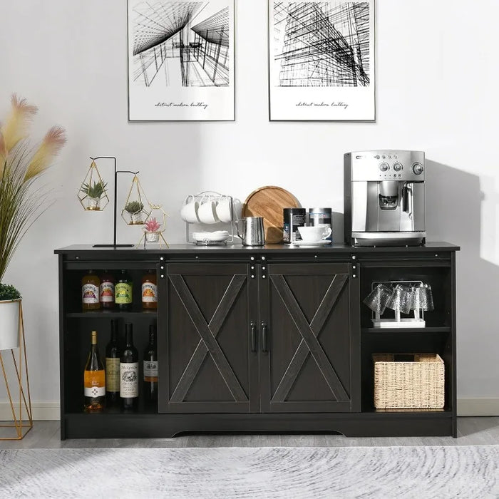 Coffee Bar Cabinet, 59" Sideboard Buffet Cabinet ，Sliding Barn Doors Black Buffet Serving Table Cupboard for Dinning Room