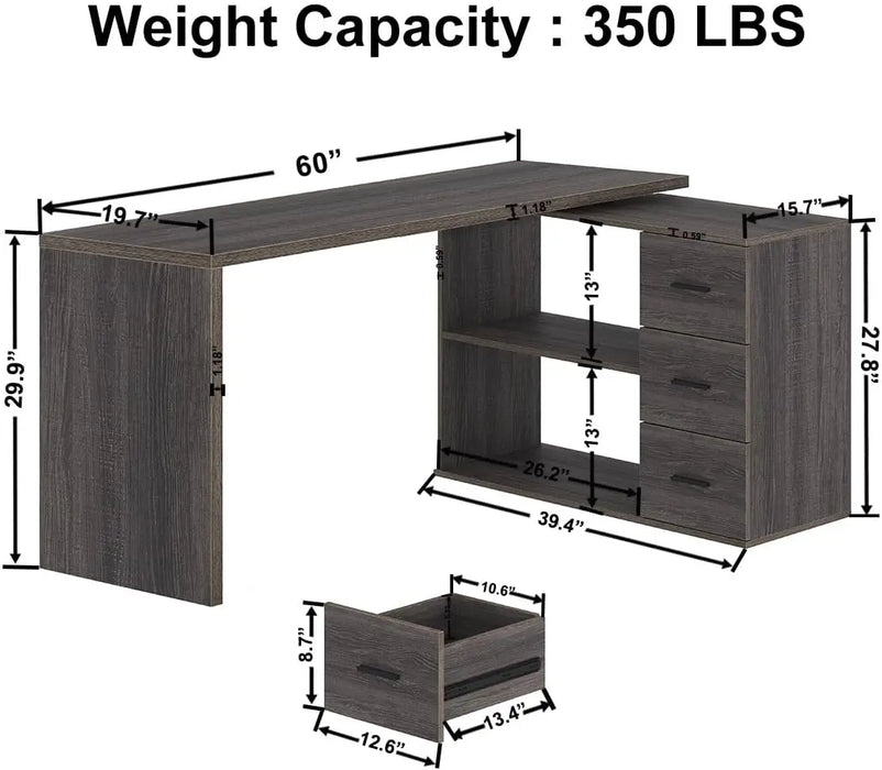 HSH L Shaped Computer Desk with Drawers, L Shaped Desk with Storage Cabinet Shelves, Large Reversible Corner Executive Home Offi