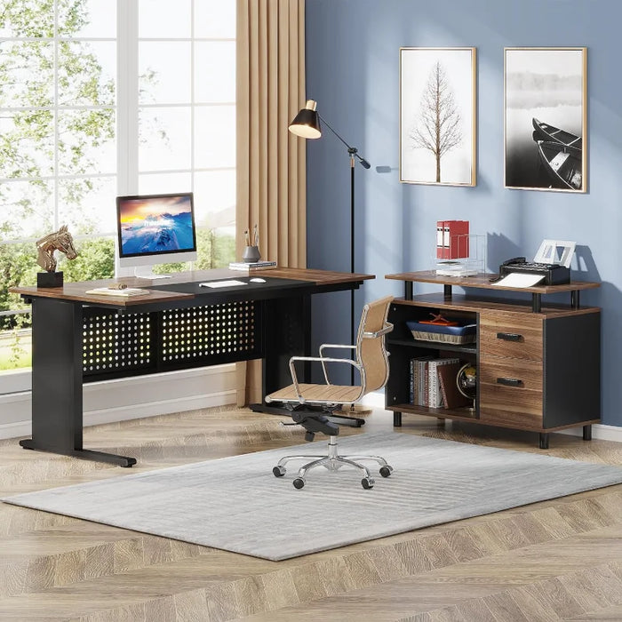 Tribesigns 63 Inch Executive Desk with File Cabinet, Large Office Desk L Shaped Computer Desk with Drawers and Storage Shelves,