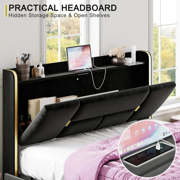 Modern Upholstered Bed ,with 4 Drawers, Upholstered Storage Headboard with Charging Station, Queen Bed Frame