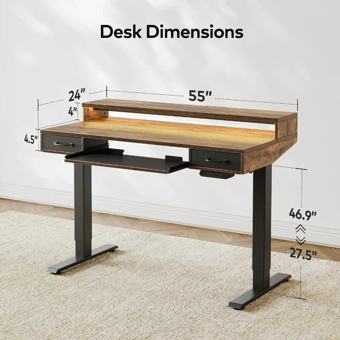 Computer desk, electric vertical office desk with 2 drawers and keyboard tray, with bracket and LED light strip, computer desk