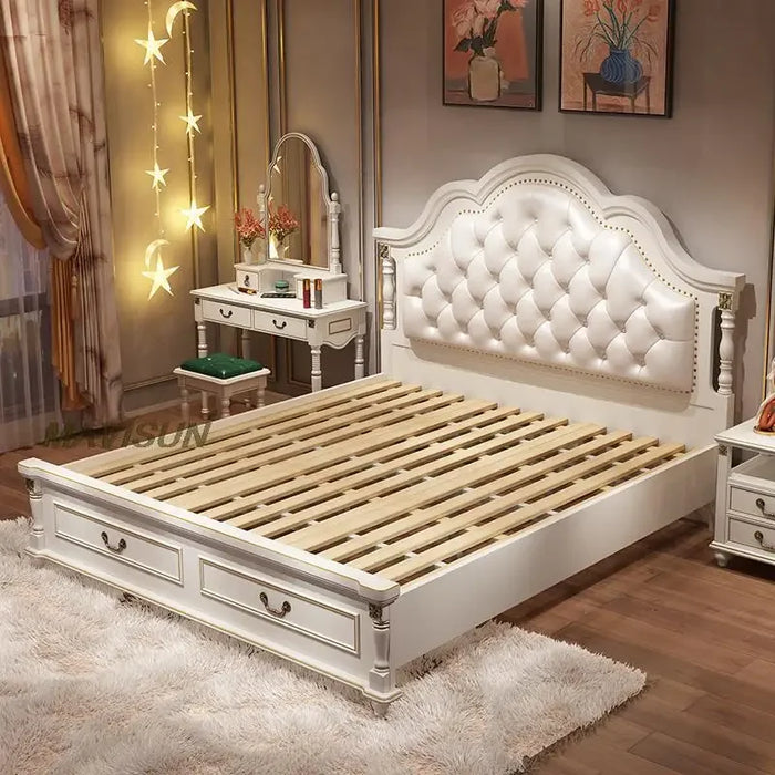 American Solid Wood Bed Double Wardrobe Dressing Table Bedroom Furniture Set Modern Simple Leather Bedside European Style Bed