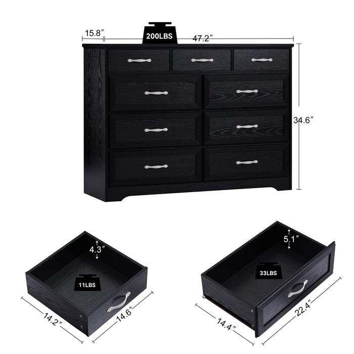 Bedroom Dresser, 9 Drawer Long Dressers, Wood Chest of Drawers for Living Room, 47.2'' W X 15.8'' D X 34.6'' H, Free Shipping