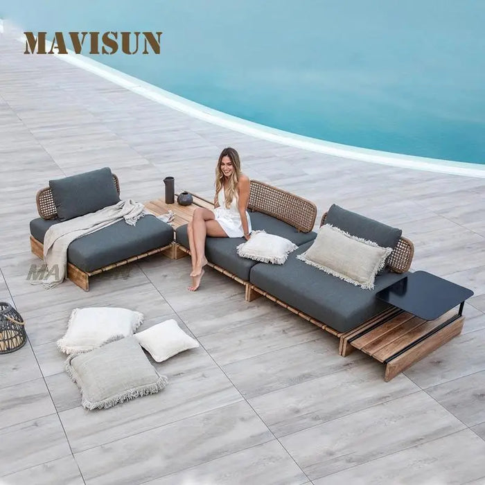 2022 Outdoor Sofa Courtyard Rattan Villa Solid Wood Furniture Hotel Model Room Terrace Leisure Garden Rain And Sun Protection