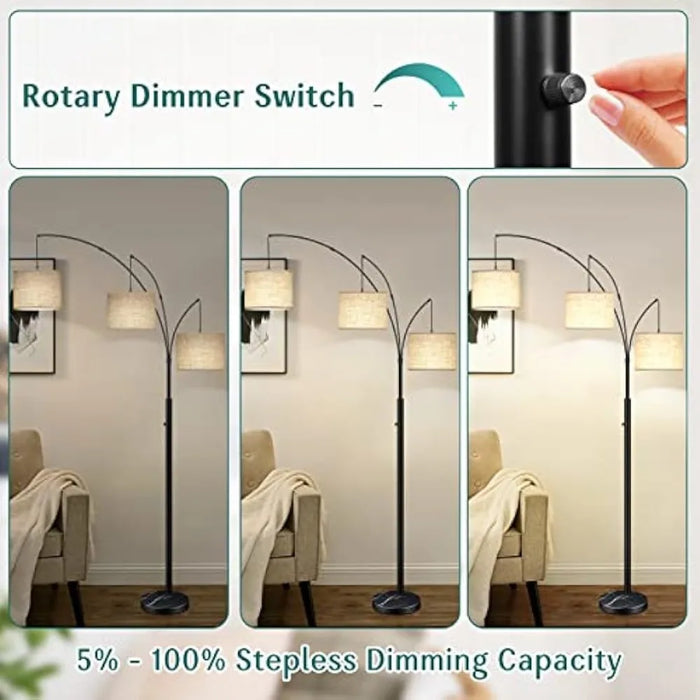 Modern Dimmable Floor Lamp with Adjustable Hanging Fabric Shades, 3-Light Arc Tall Standing  Lamp, 3 LED Bulbs Included