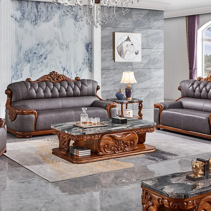 Leather Sofa Combination Solid Wood Sofa Gold Wood European Large and Small Villa Living Room Luxury Style High-end Black Fabric