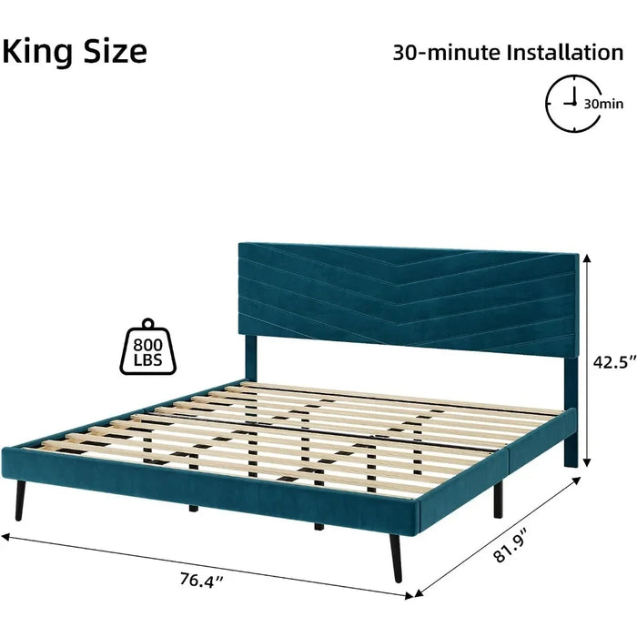 King Size Bed Frame, Platform Bed Frame with Adjustable Headboard, Upholstered Bed Frame King, Wood Slats Support, No Box Spring