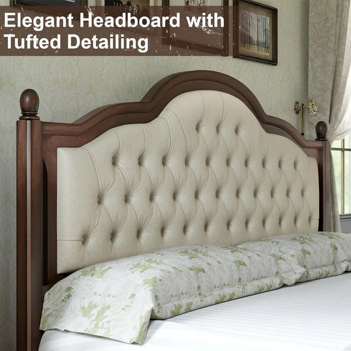 AMERLIFE Solid Wood Bed Frame Queen Size, Transitional Platform Bed with 52.5" Upholstered Tufted Headboard
