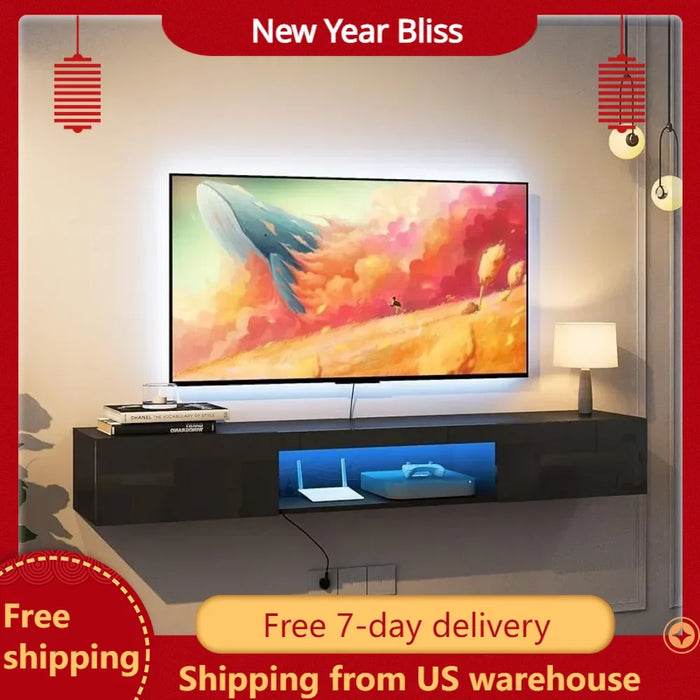 TV Bench 70" Wall Mounted with 16-Color LED Lights and 2 Doors, 63" Modern Entertainment Center Media Console, Black