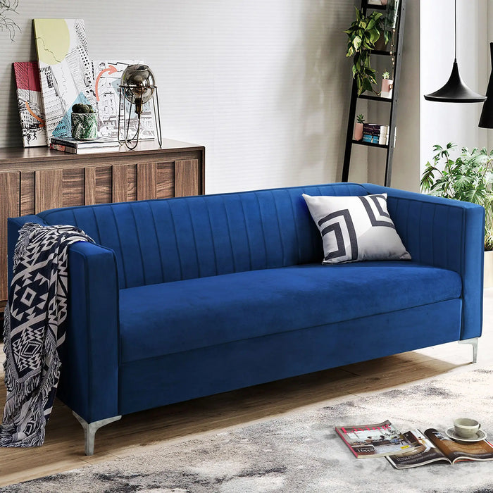Mid Century Velvet Sofa,2-3 Seater Modern Couch, Exquisite Loveseat with Vertical Striped Decoration and Metal Legs