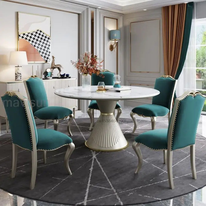 Luxury Kitchen Table With 5 Chairs Funnel Shape Stainless Wood Base Home Furniture White Marble Tabletop Round Dining Table Set