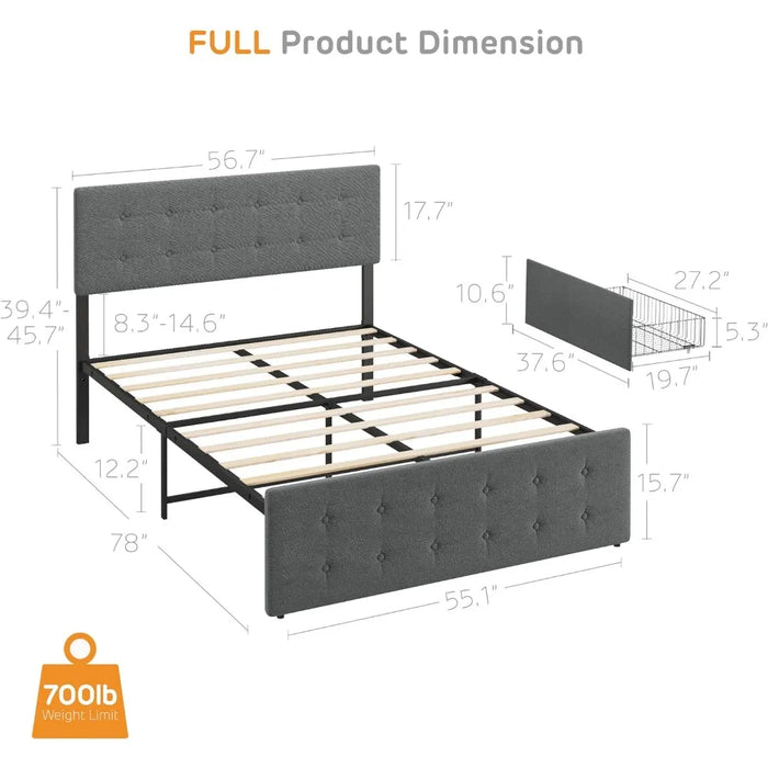 Bedframe, storage space with headboard and 4 drawers, button cushioned mattress base with wooden support, springless, bed frame