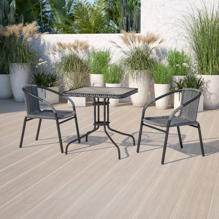 BOUSSAC 28'' Square Glass Metal Table with Gray Rattan Edging and 2 Gray Rattan Stack Chairs,Garden Furniture Sets