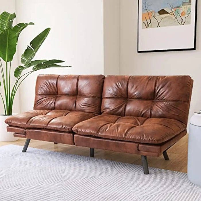 Futon Sofa Bed,Lounge Memory Foam Sleeper Couch Room,Convertible Loveseat 71"-Brown-Faux Leather-Thicker versio, 713331.5