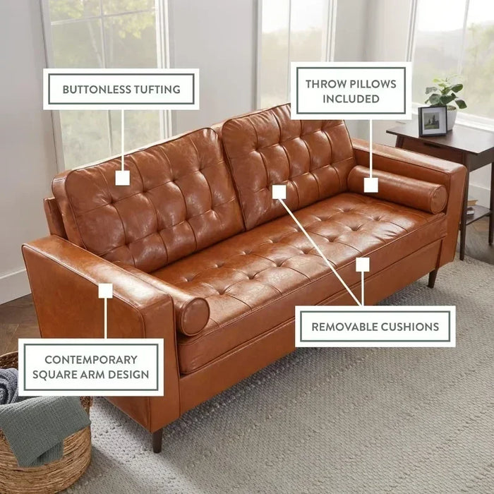 Upholstered Couches for Living Room - Camel Faux Leather Couch - Living Room Furniture