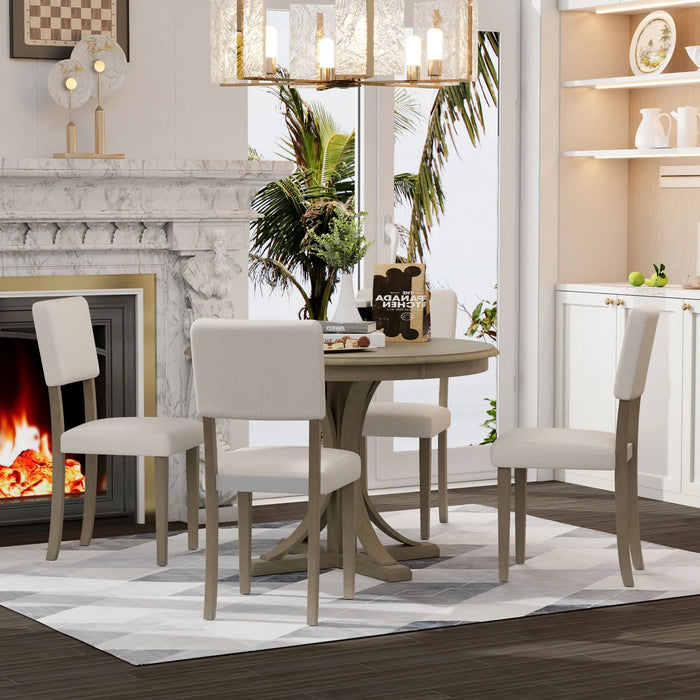 5-Piece Retro Round Dining Table Set with Curved Trestle Style Table Legs and 4 Upholstered Chairs for Dining Room