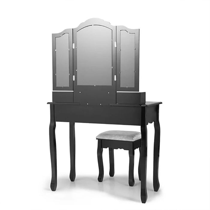 GERICCO Nordic Dressing Table Wooden Vanity Table with Three-fold Mirror Upholstered Stool Luxury Bedroom Furniture Vanity Set