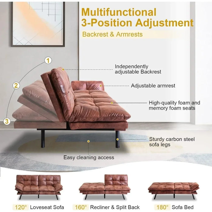 Futon Sofa Bed Couch Convertible Futon Memory Foam Bed Love Seat Sleeper Sofa For Living Room,Backrests&Armrests Sofabed,Brown