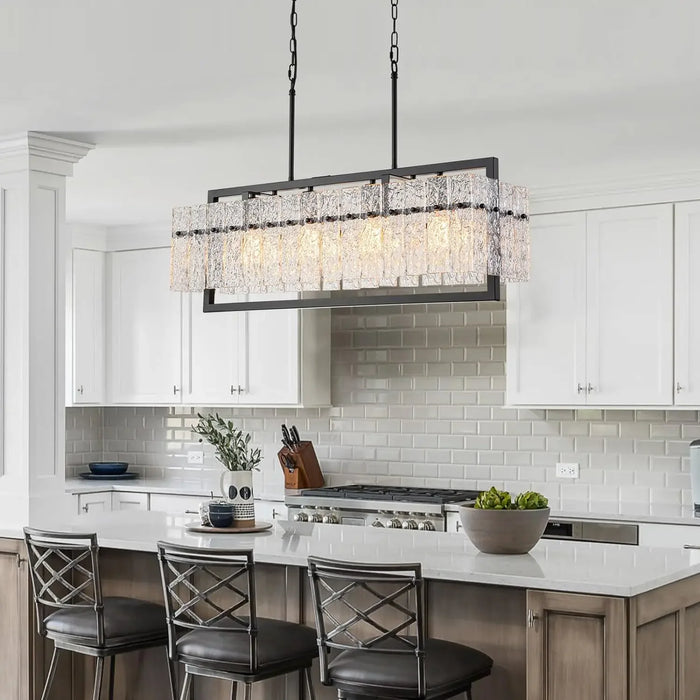 Modern Large Rectangle Chandeliers for Dining Room, 4 Lights Black Crystal Kitchen Island Lighting with Water Ripple Glass,