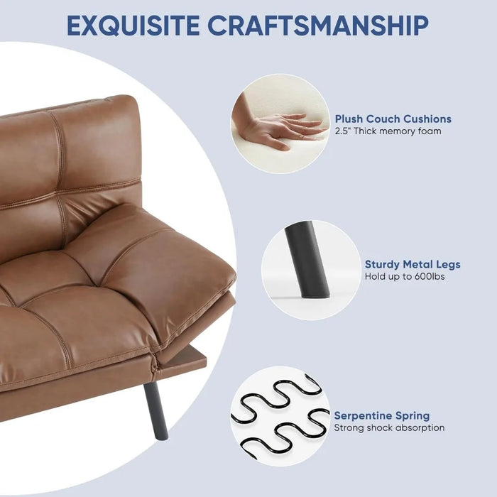 DUMOS, Sleeper Futon, Bed Sofa Memory Foam Couch Convertible Loveseat for Living Room Brown