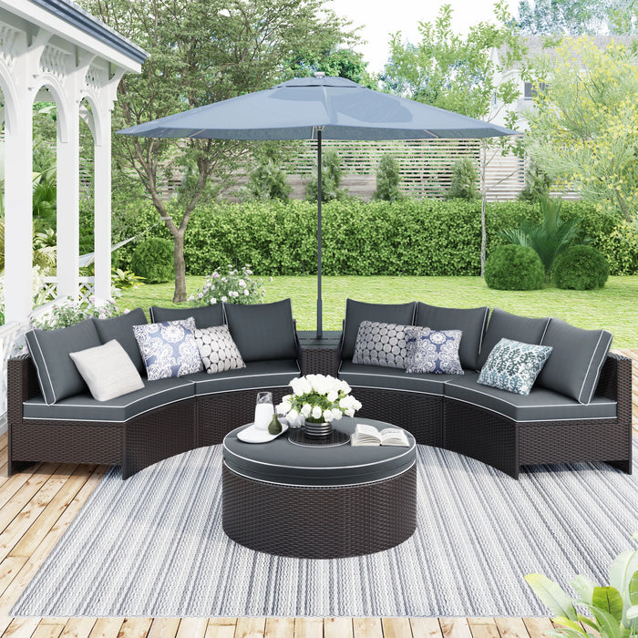 4-Piece Patio Furniture Set, Outdoor Half-Moon Sectional Furniture Wicker Sofa Set with Two Pillows and Coffee Table