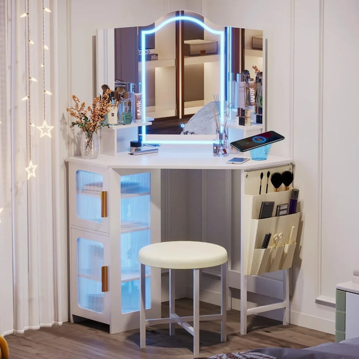 Vanity Desk with Mirror and Lights, Makeup Vanity with Charging Station, 3 Lighting Options, Dressing Table