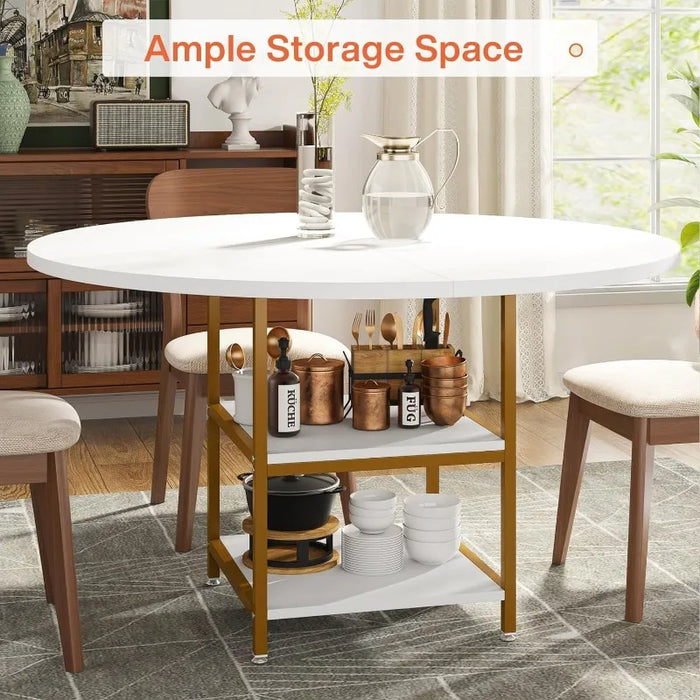 Tribesigns 47 Inches Round Dining Table for 4 People, Golden Kitchen Tables Dinner Table with 2-Tier Storage Shelves